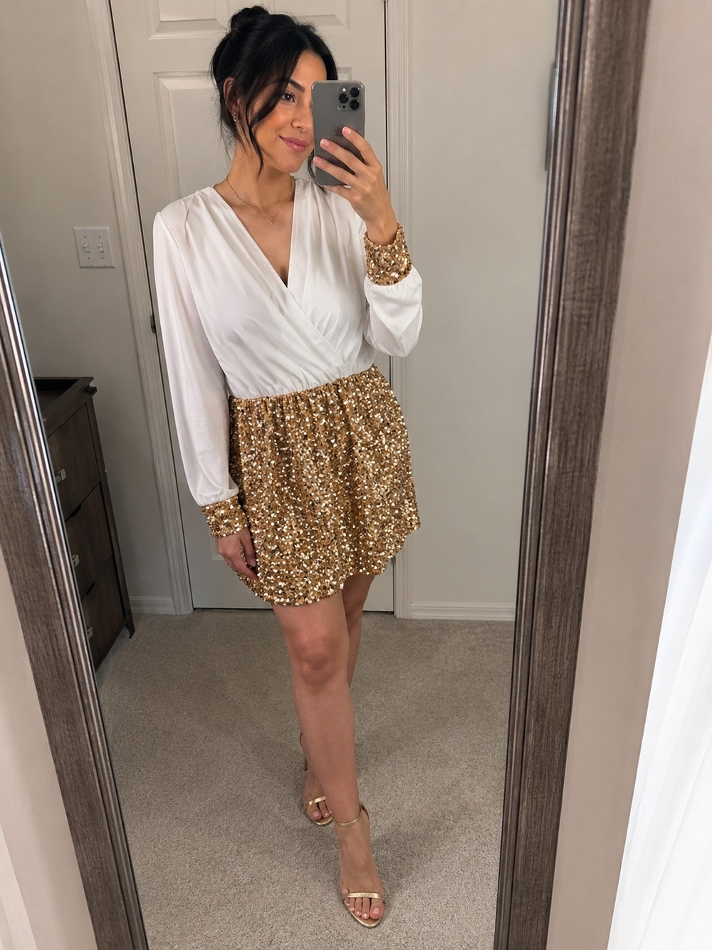 White and Gold Sequin Wrap-Top Party Dress